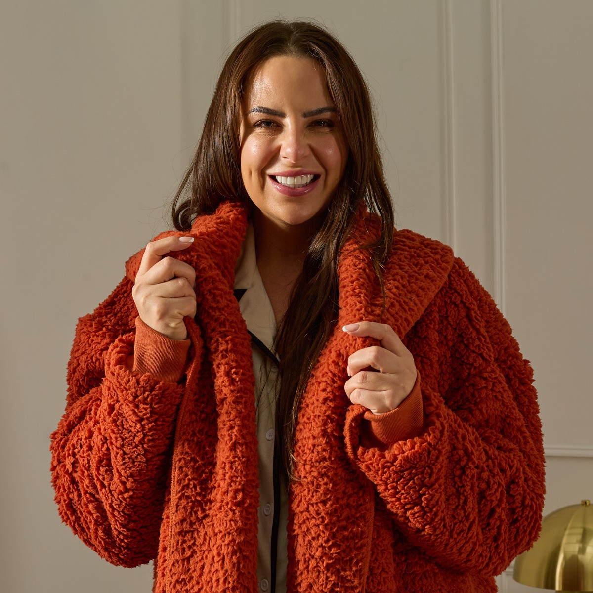 OHS Waterfall Teddy Fleece Cardigan - Rust>