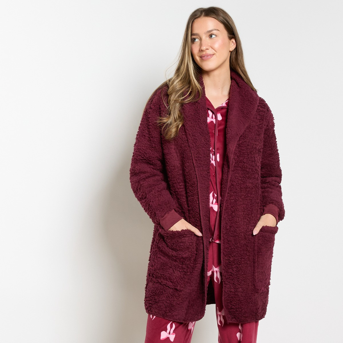 OHS Waterfall Teddy Fleece Cardigan - Burgundy>