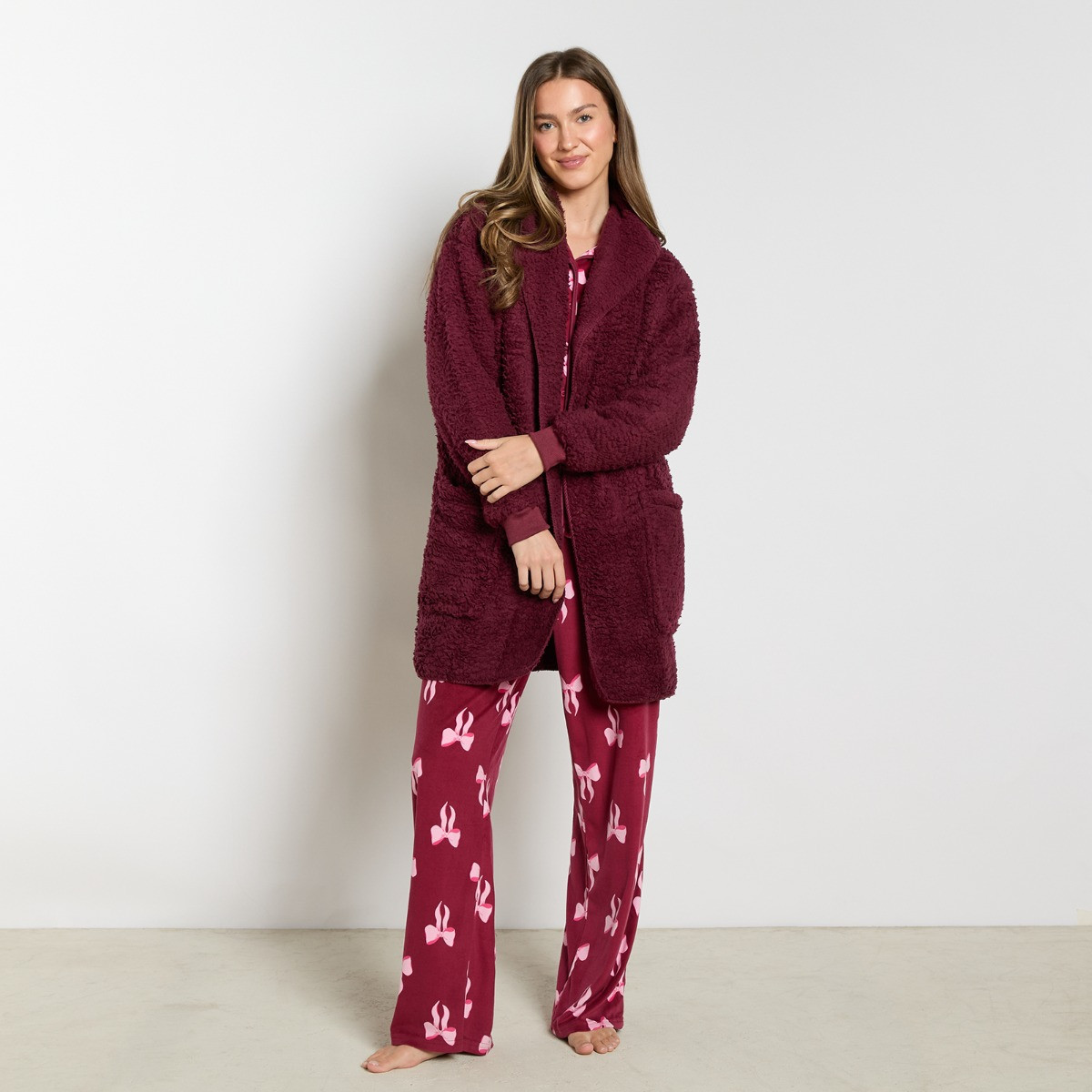 OHS Waterfall Teddy Fleece Cardigan - Burgundy>