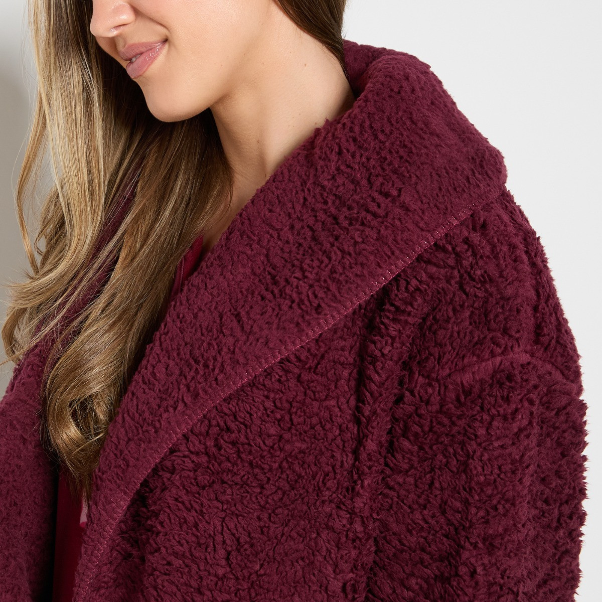 OHS Waterfall Teddy Fleece Cardigan - Burgundy>
