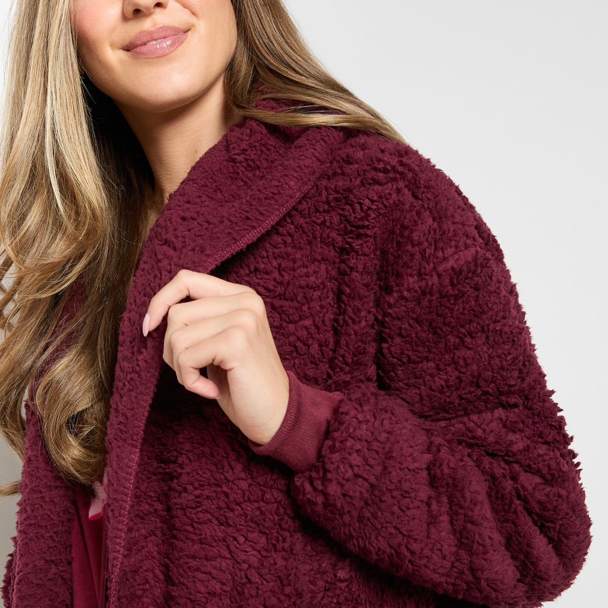 OHS Waterfall Teddy Fleece Cardigan - Burgundy>