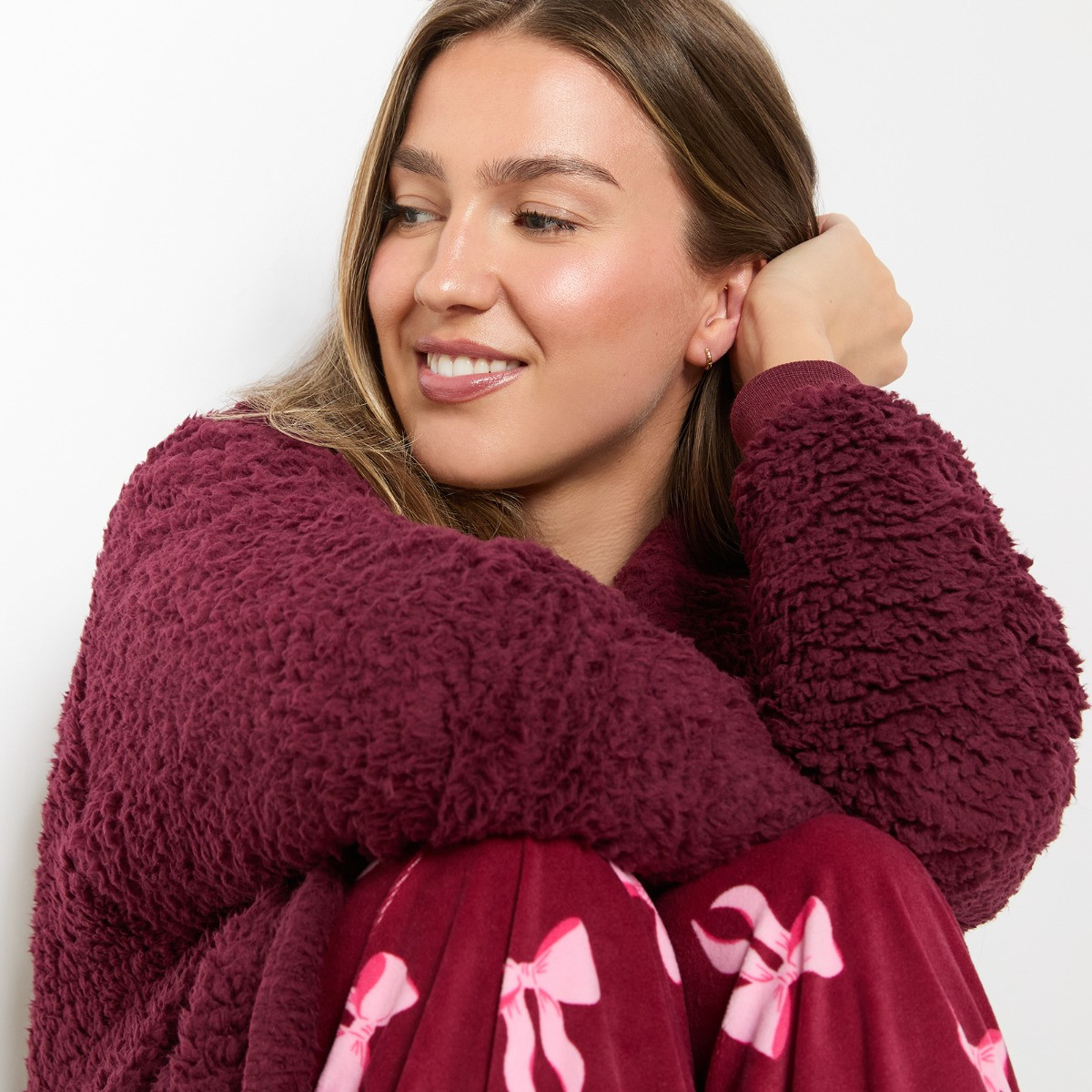 OHS Waterfall Teddy Fleece Cardigan - Burgundy>