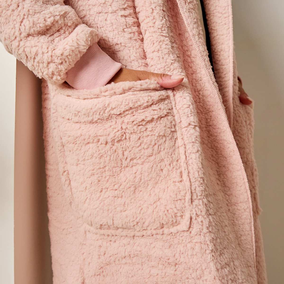 OHS Waterfall Teddy Fleece Long Length Cardigan - Blush>