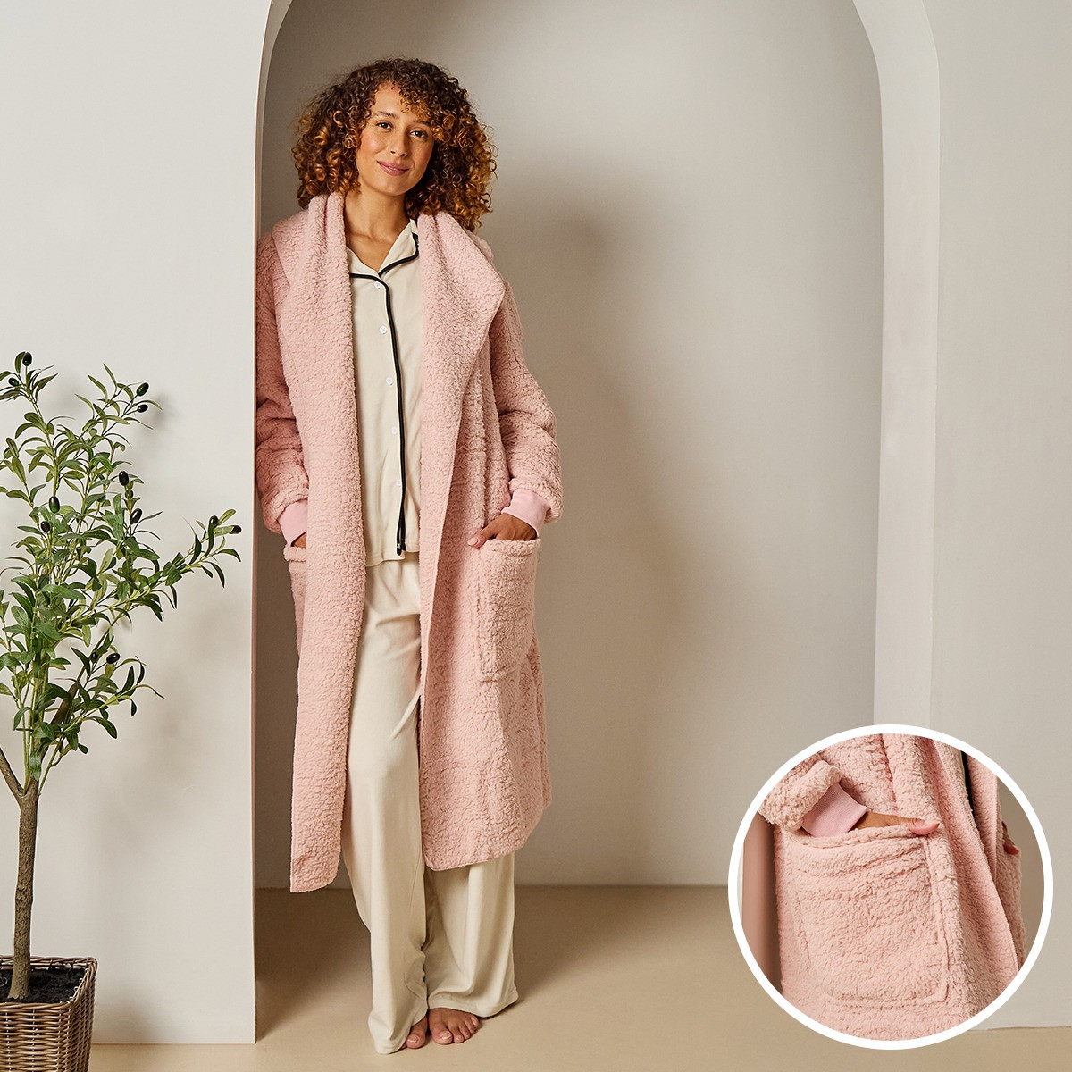 OHS Waterfall Teddy Fleece Long Length Cardigan - Blush>