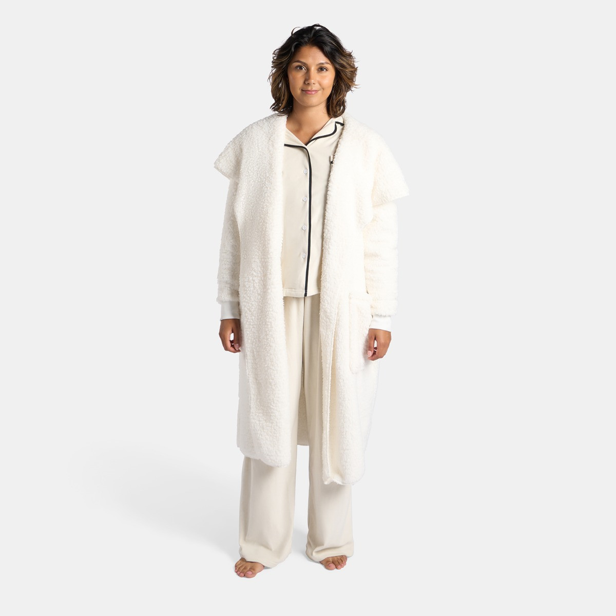 OHS Waterfall Teddy Fleece Long Length Cardigan, Cream - Small/ Medium>