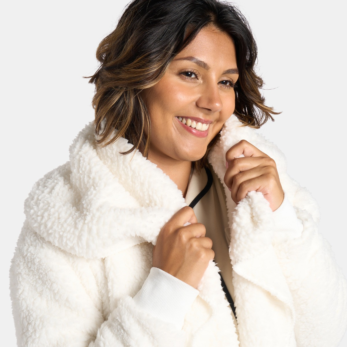 OHS Waterfall Teddy Fleece Long Length Cardigan - Cream>