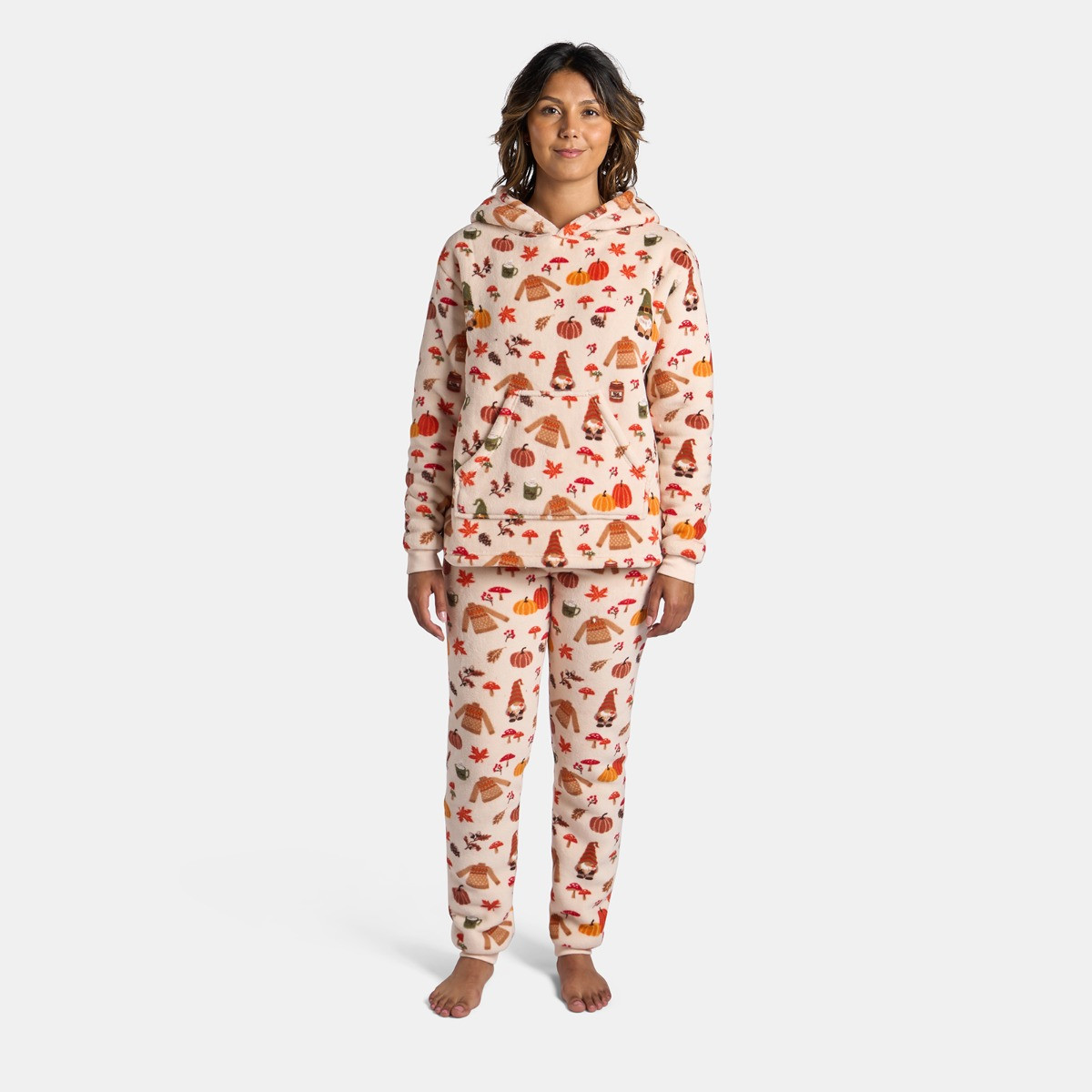 OHS Autumn Print Fleece Hoodie Pyjama Set, Beige - Large>