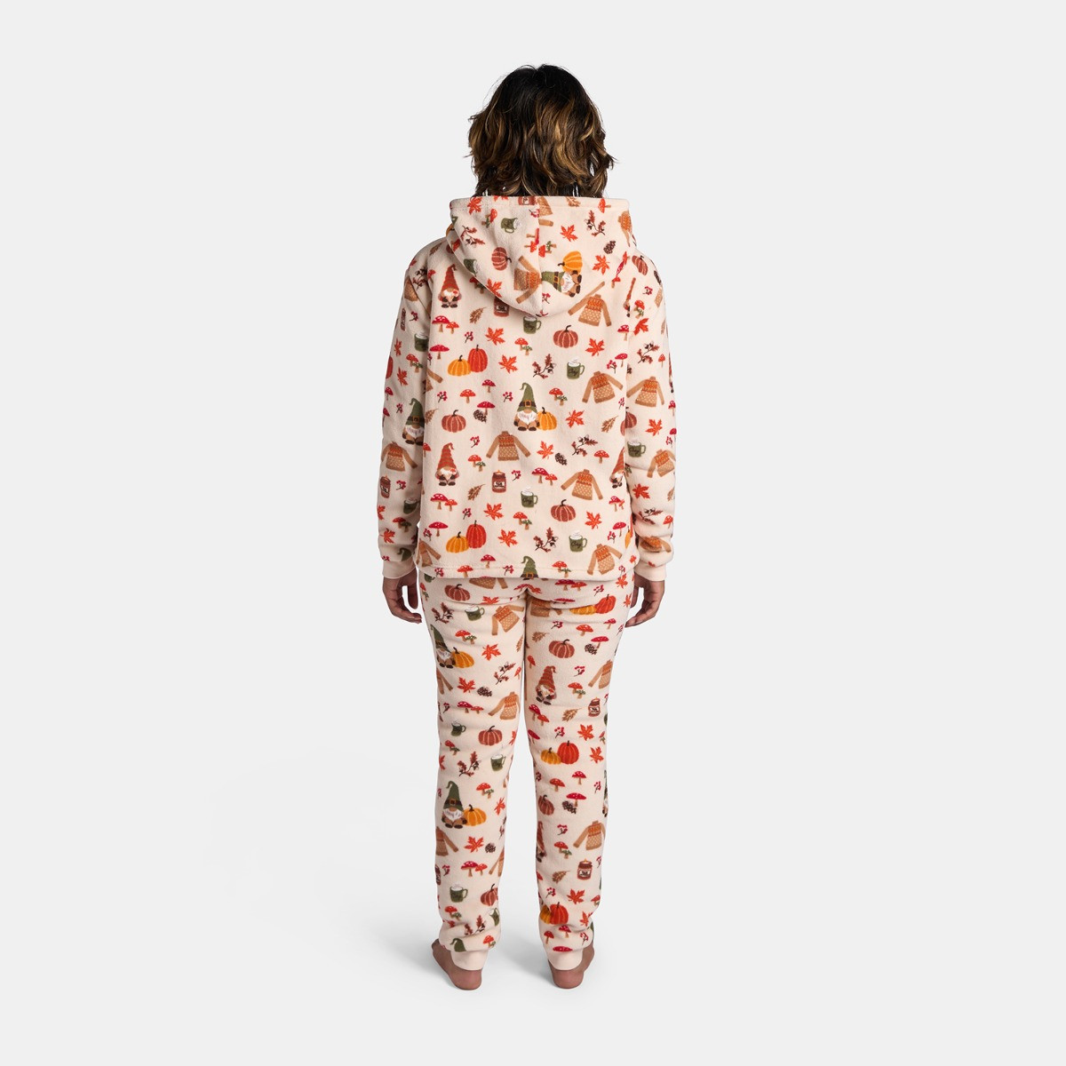 OHS Autumn Print Fleece Hoodie Pyjama Set, Beige - Large>