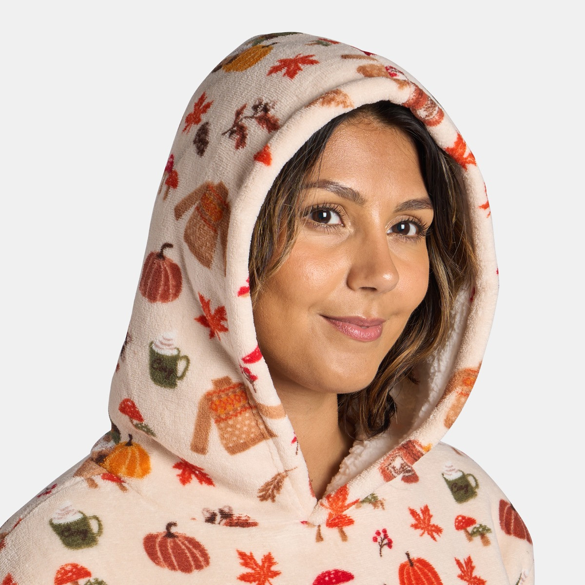 OHS Autumn Print Fleece Hoodie Pyjama Set, Beige - Small>