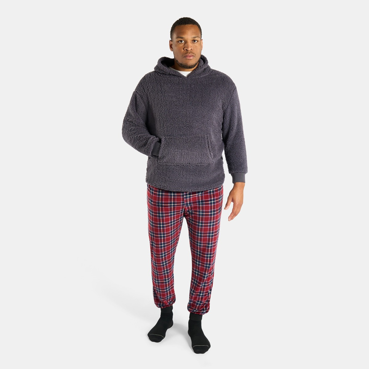 OHS Men's Teddy Hoodie Check Pyjama Set - Burgundy>