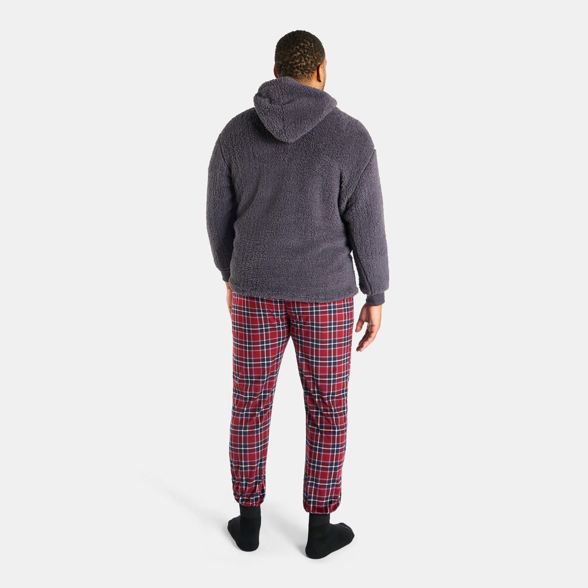 OHS Men's Teddy Hoodie Check Pyjama Set - Burgundy>
