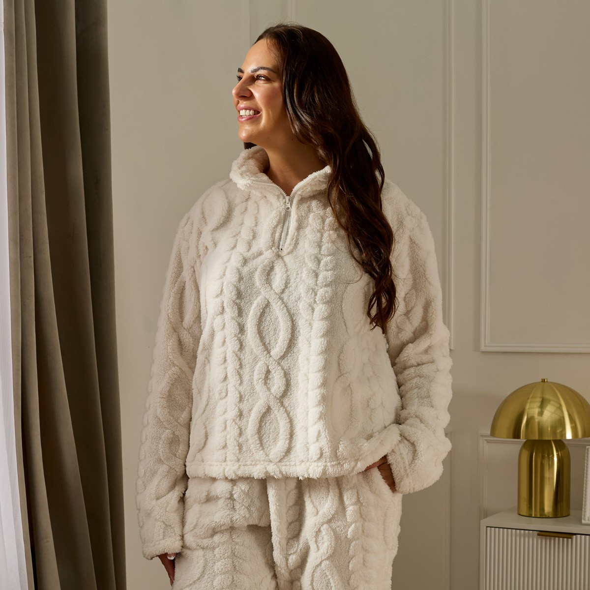 OHS Adults Cable Knit Half Zip Pyjama Set - Cream>