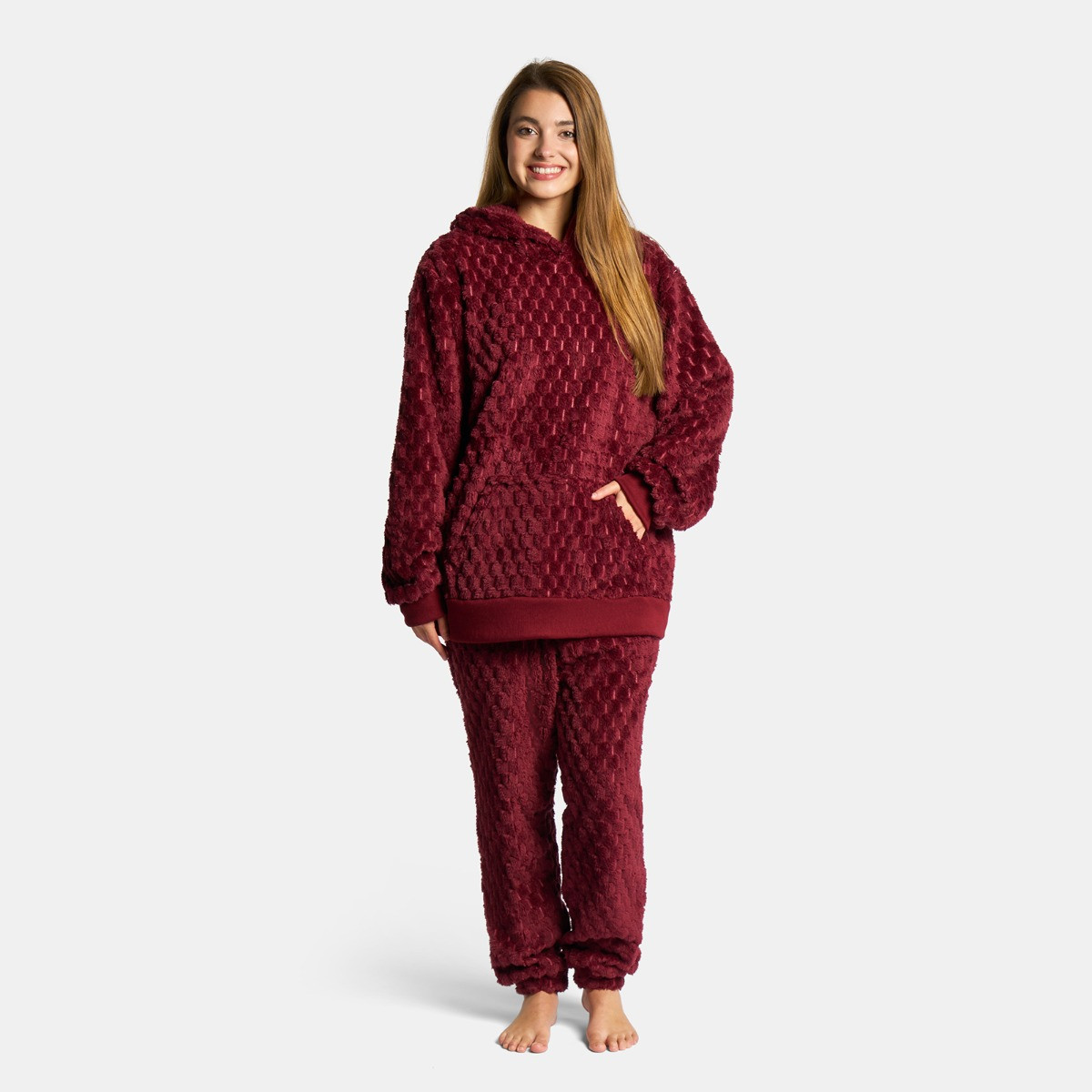 OHS Adults Waffle Fleece Hoodie Pyjama Set - Burgundy>