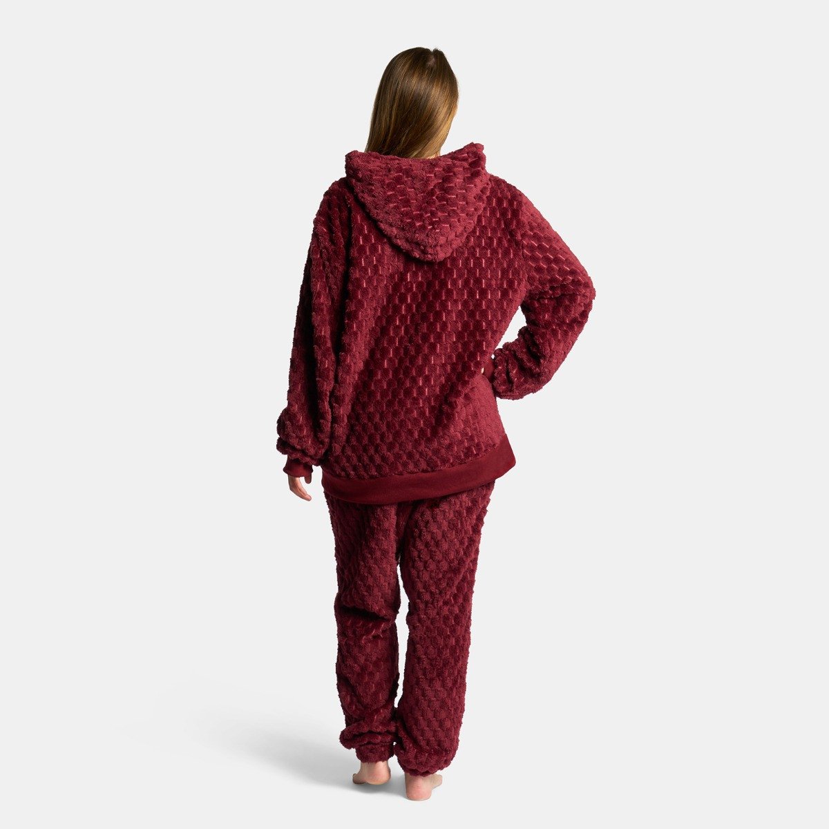 OHS Adults Waffle Fleece Hoodie Pyjama Set - Burgundy>