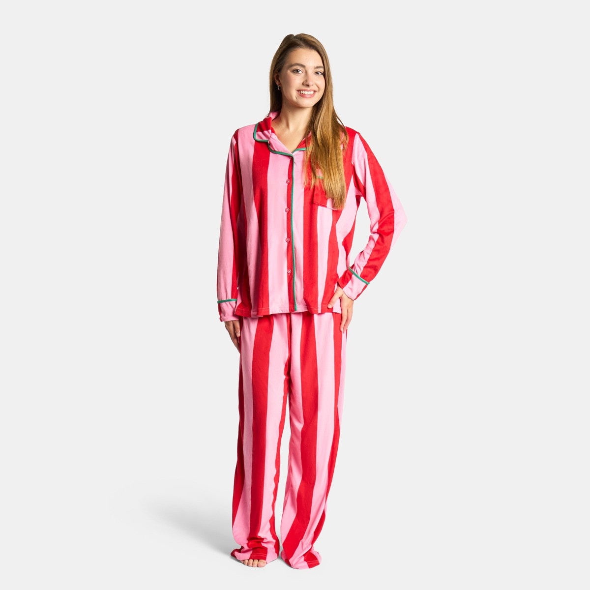 OHS Candy Stripe Button Through Pyjama Set - Pink>