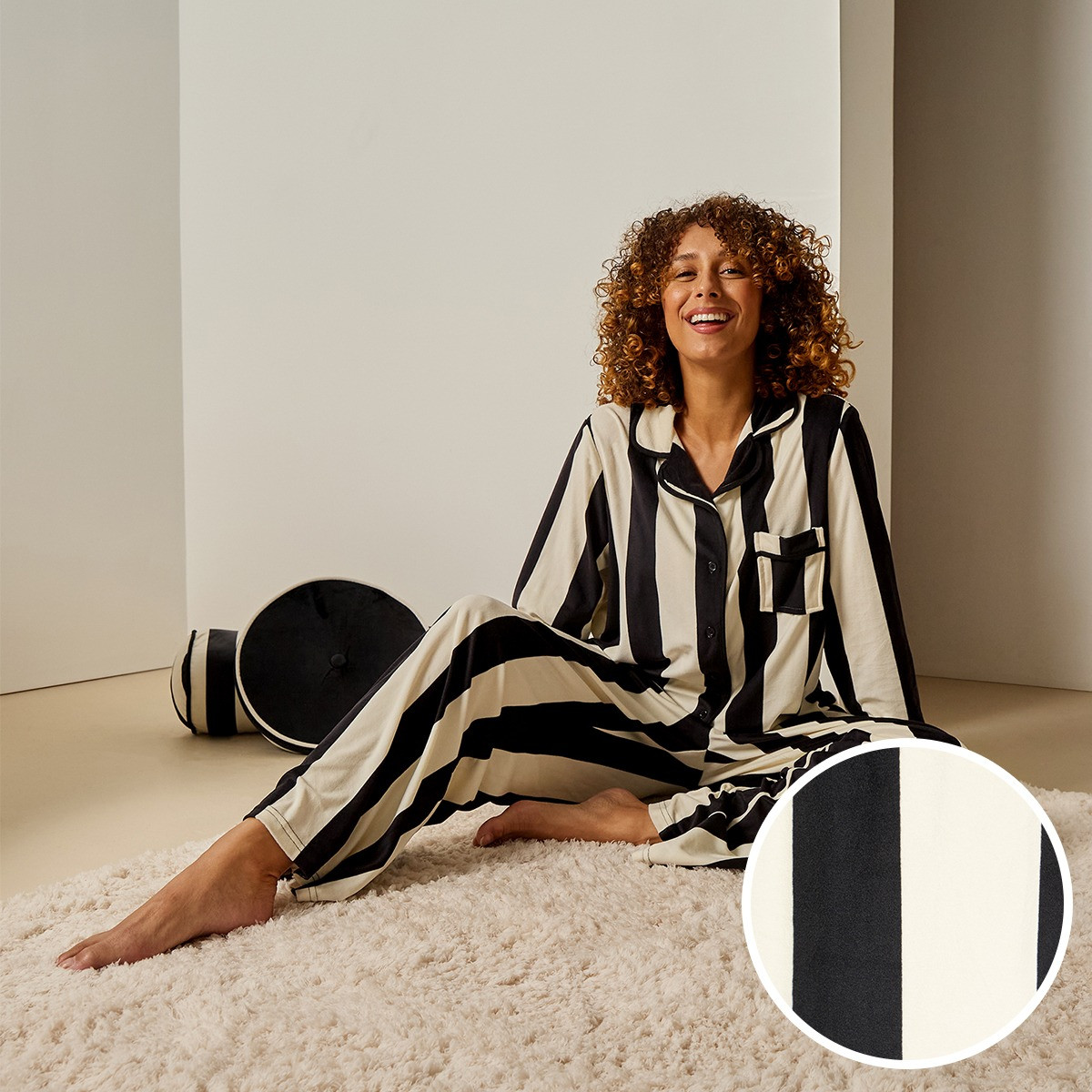 OHS Mono Stripe Button Through Pyjama Set, Monochrome - Large/Extra Large>