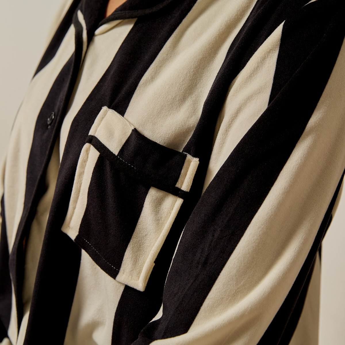 OHS Mono Stripe Button Through Pyjama Set, Monochrome - Large/Extra Large>