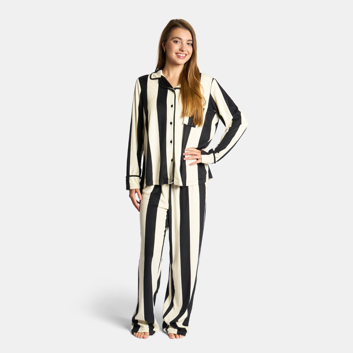 OHS Mono Stripe Button Through Pyjama Set, Monochrome - Large/Extra Large>