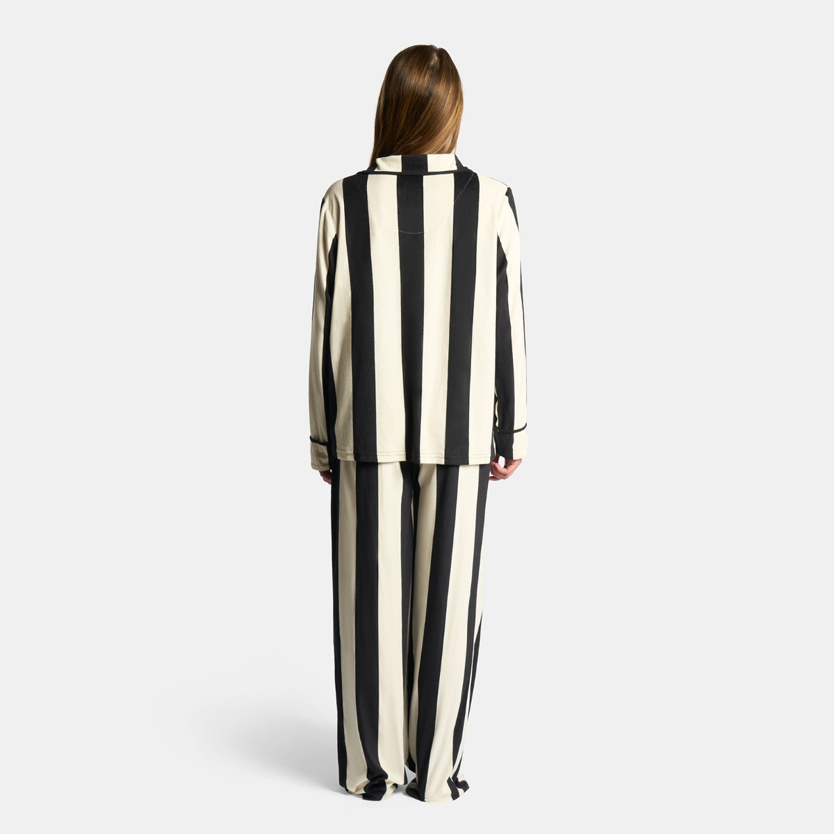 OHS Mono Stripe Button Through Pyjama Set, Monochrome - Large/Extra Large>