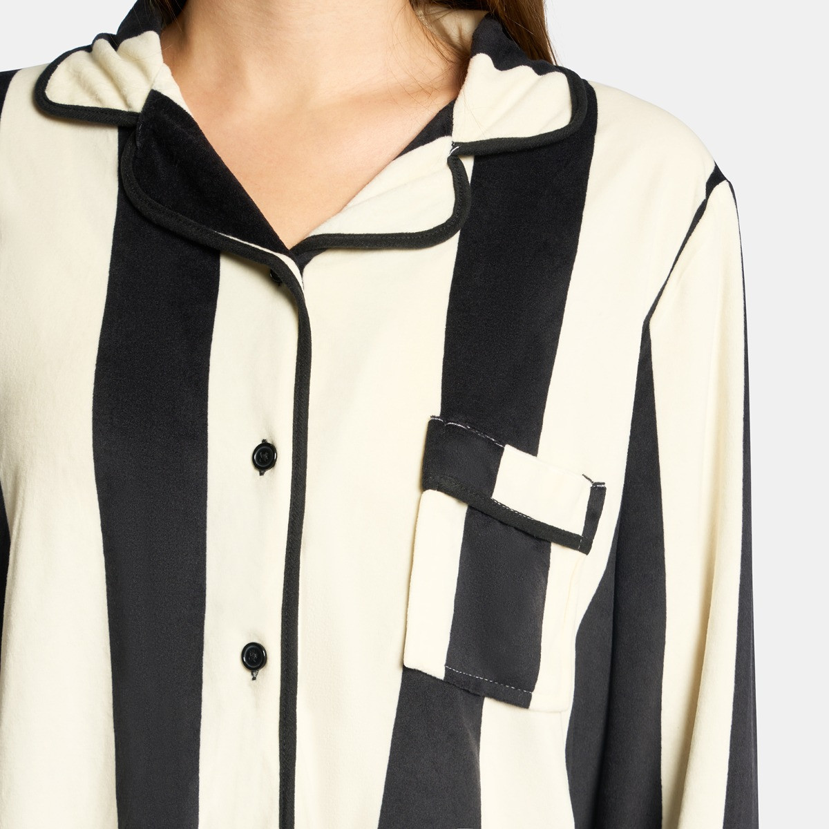 OHS Mono Stripe Button Through Pyjama Set, Monochrome - Large/Extra Large>