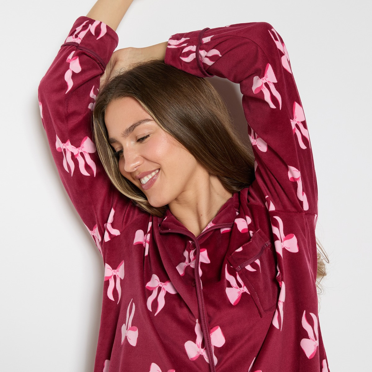 OHS Pink Bow Button Through Pyjama Set - Burgundy>