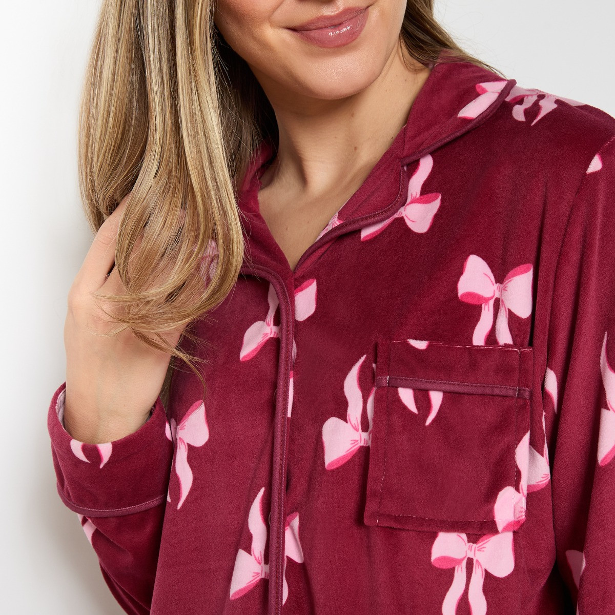 OHS Pink Bow Button Through Pyjama Set, Burgundy - Large/Extra Large>