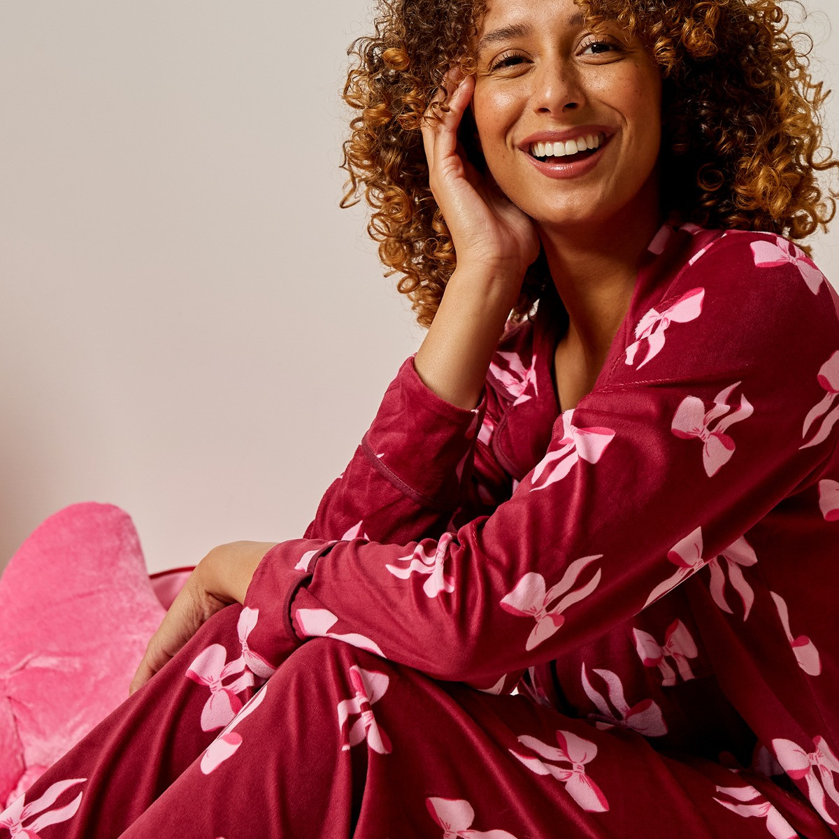 OHS Pink Bow Button Through Pyjama Set, Burgundy - Small/Medium>