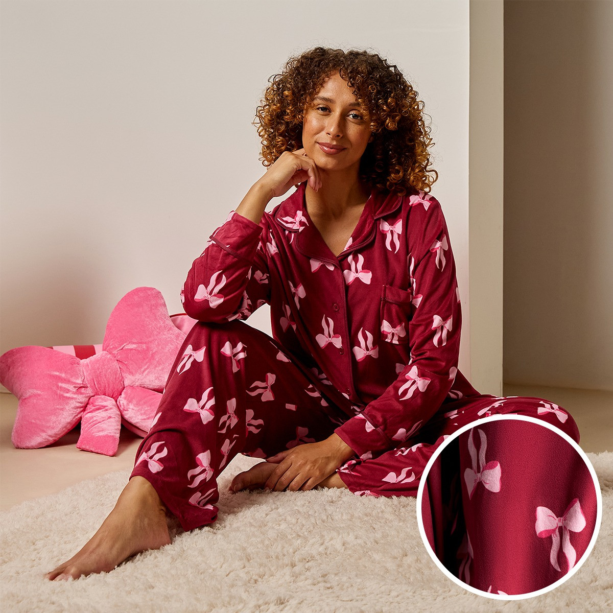 OHS Pink Bow Button Through Pyjama Set, Burgundy - Large/Extra Large>