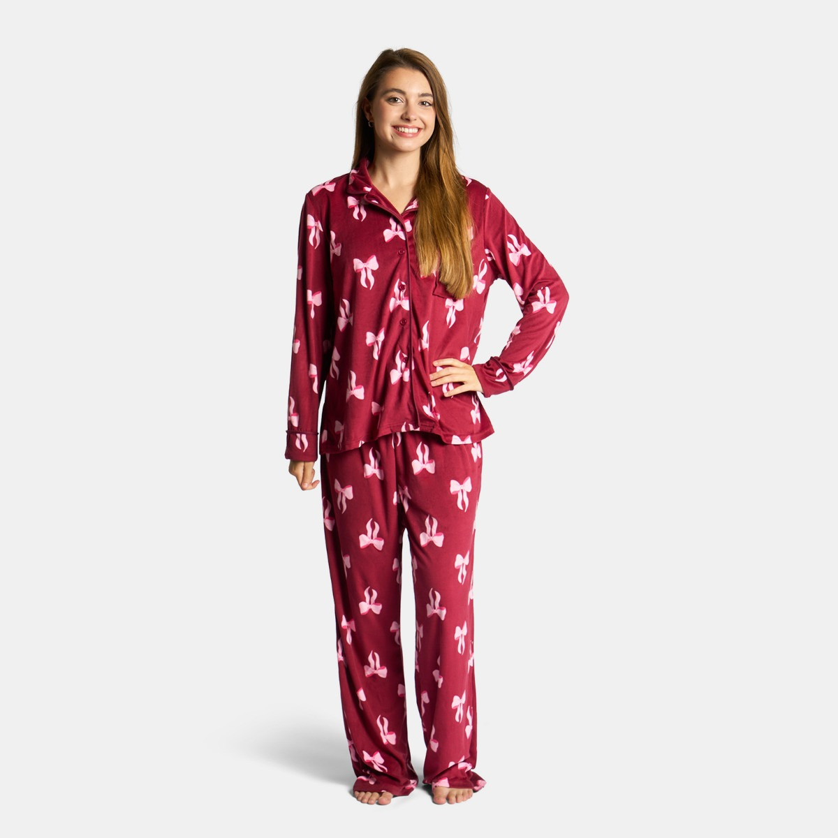 OHS Pink Bow Button Through Pyjama Set, Burgundy - Small/Medium>