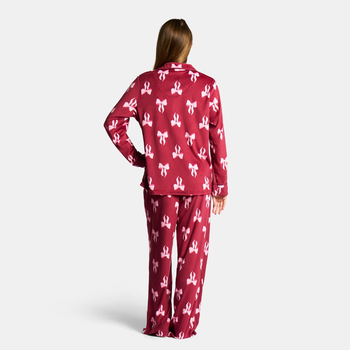 OHS Pink Bow Button Through Pyjama Set, Burgundy - Small/Medium>