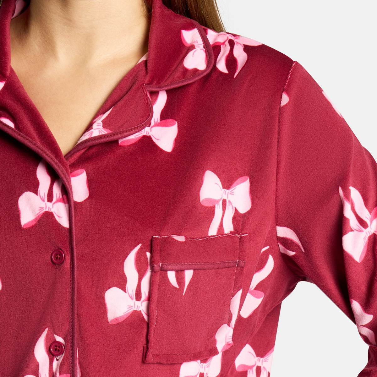 OHS Pink Bow Button Through Pyjama Set - Burgundy>
