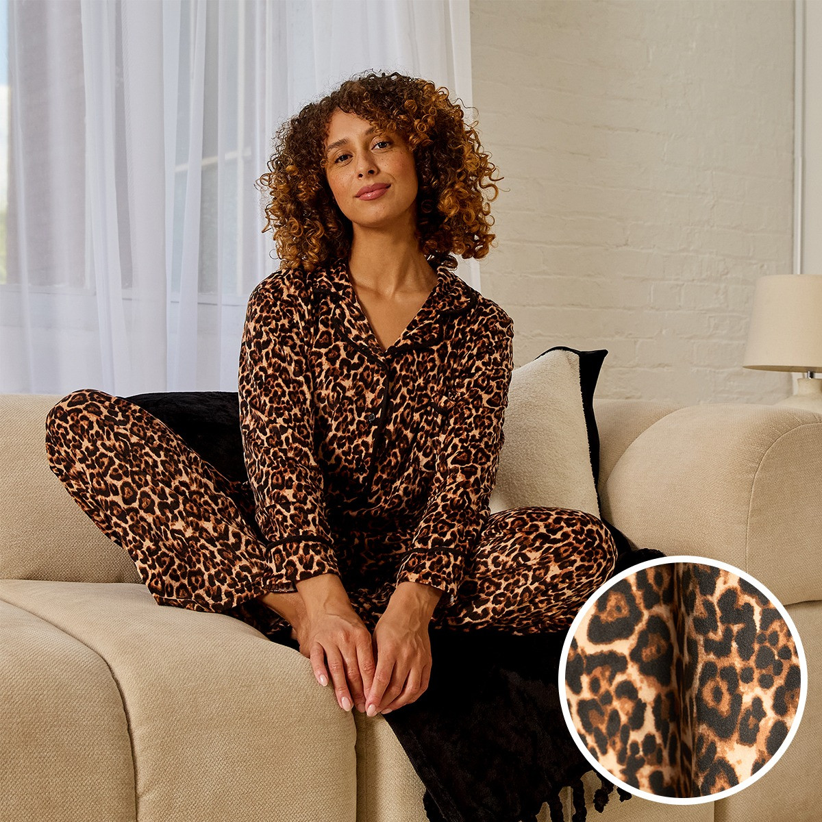OHS Leopard Print Button Through Pyjama Set - Natural>