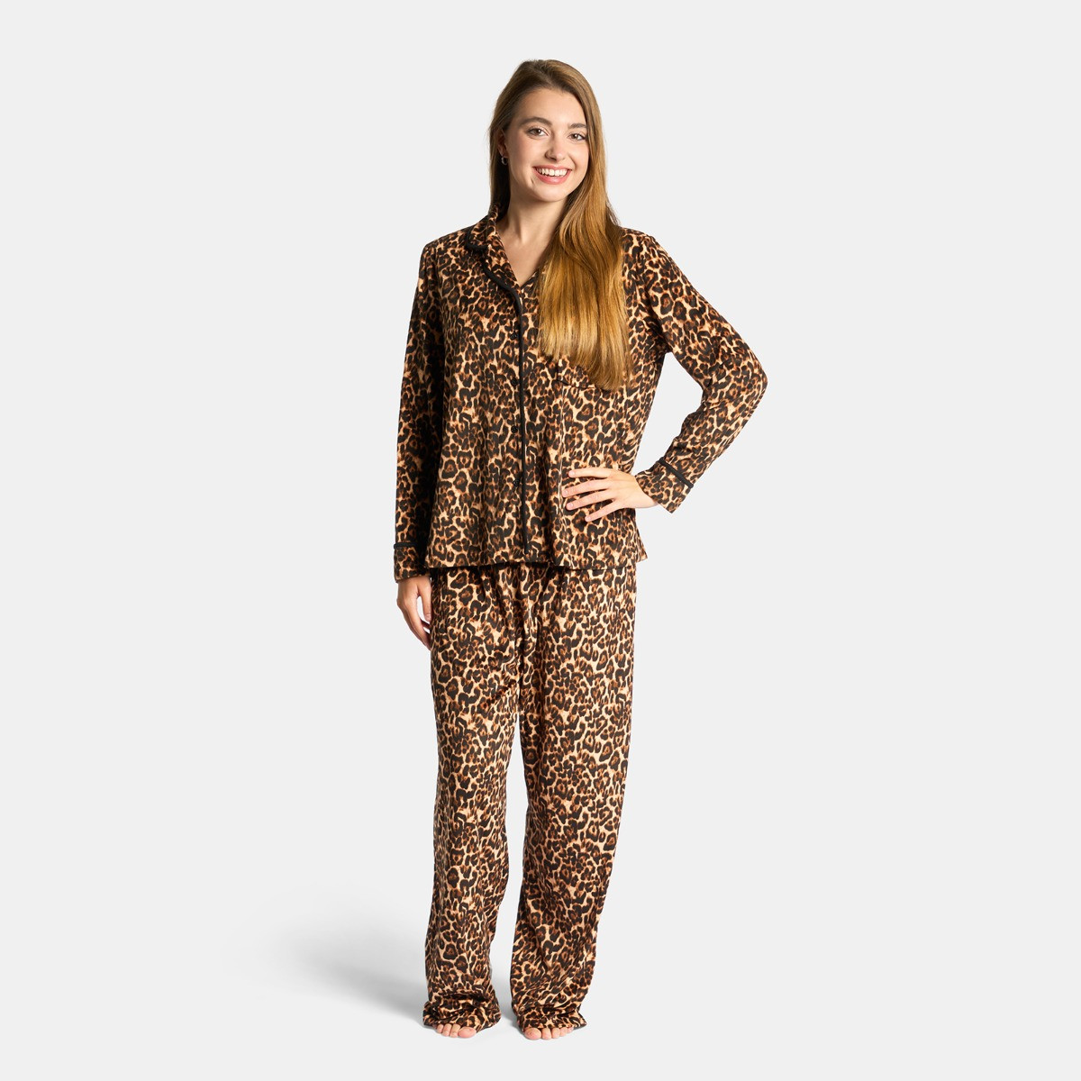 OHS Leopard Print Button Through Pyjama Set - Natural>