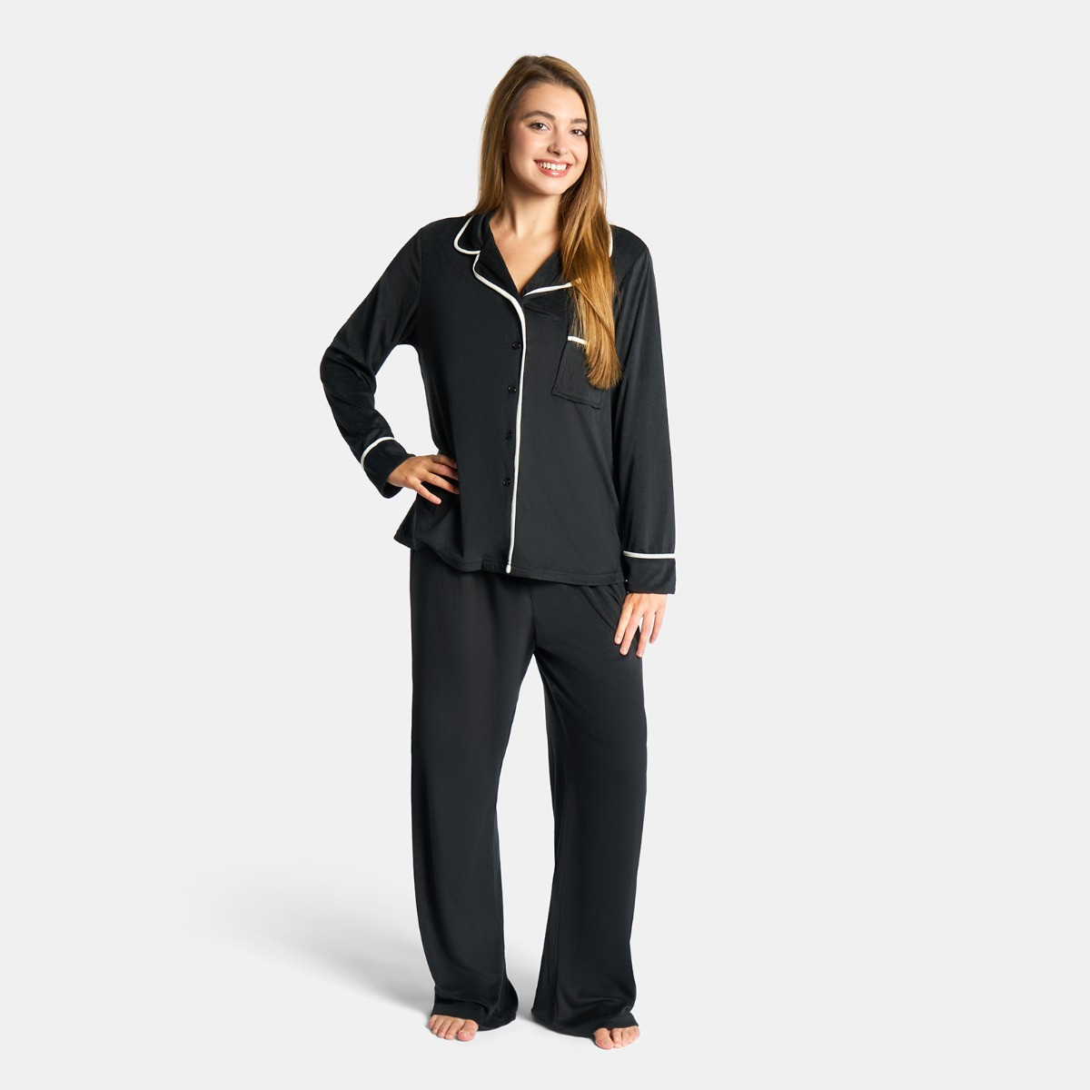 OHS Piped Button Through Pyjama Set, Black - Small/ Medium>
