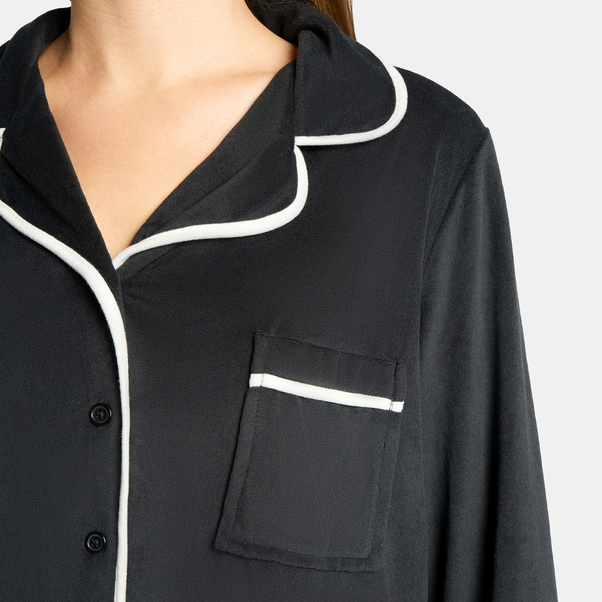 OHS Piped Button Through Pyjama Set - Black>