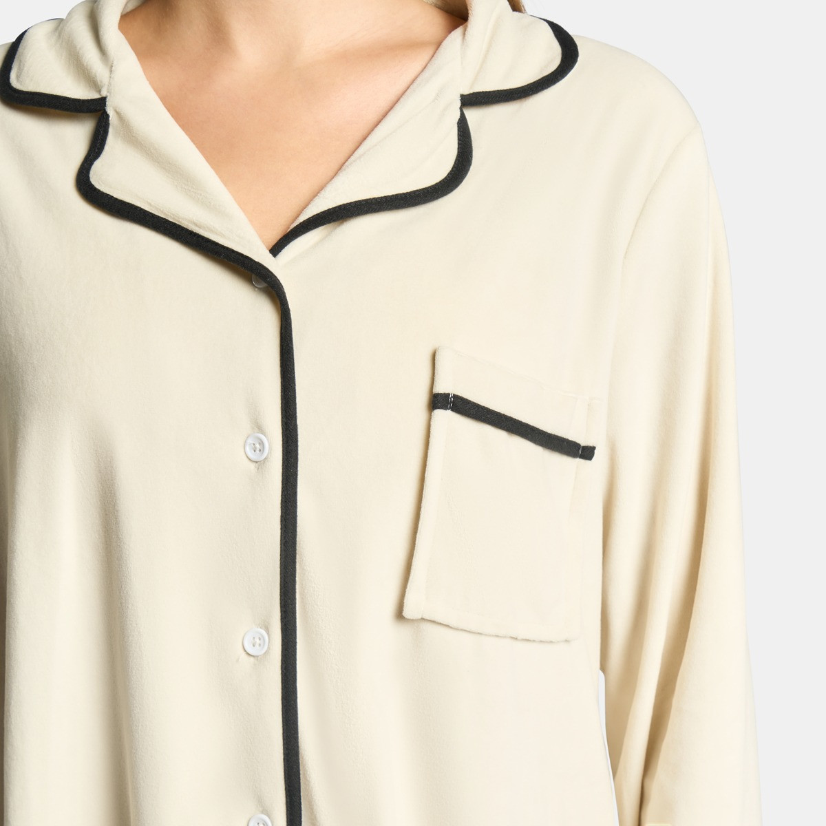 OHS Piped Button Through Pyjama Set - Cream>