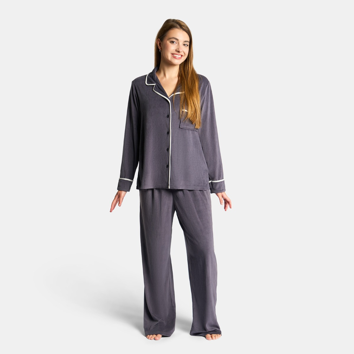 OHS Piped Button Through Pyjama Set - Charcoal>
