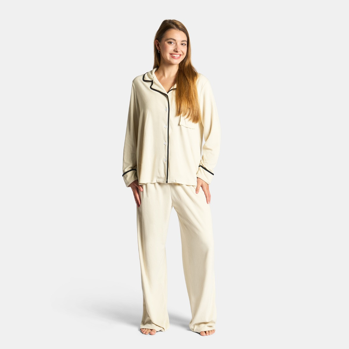OHS Piped Button Through Pyjama Set - Cream>