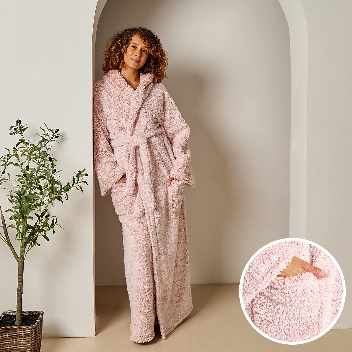 OHS Teddy Marl Dressing Gown Floor Length, Adults - Blush>