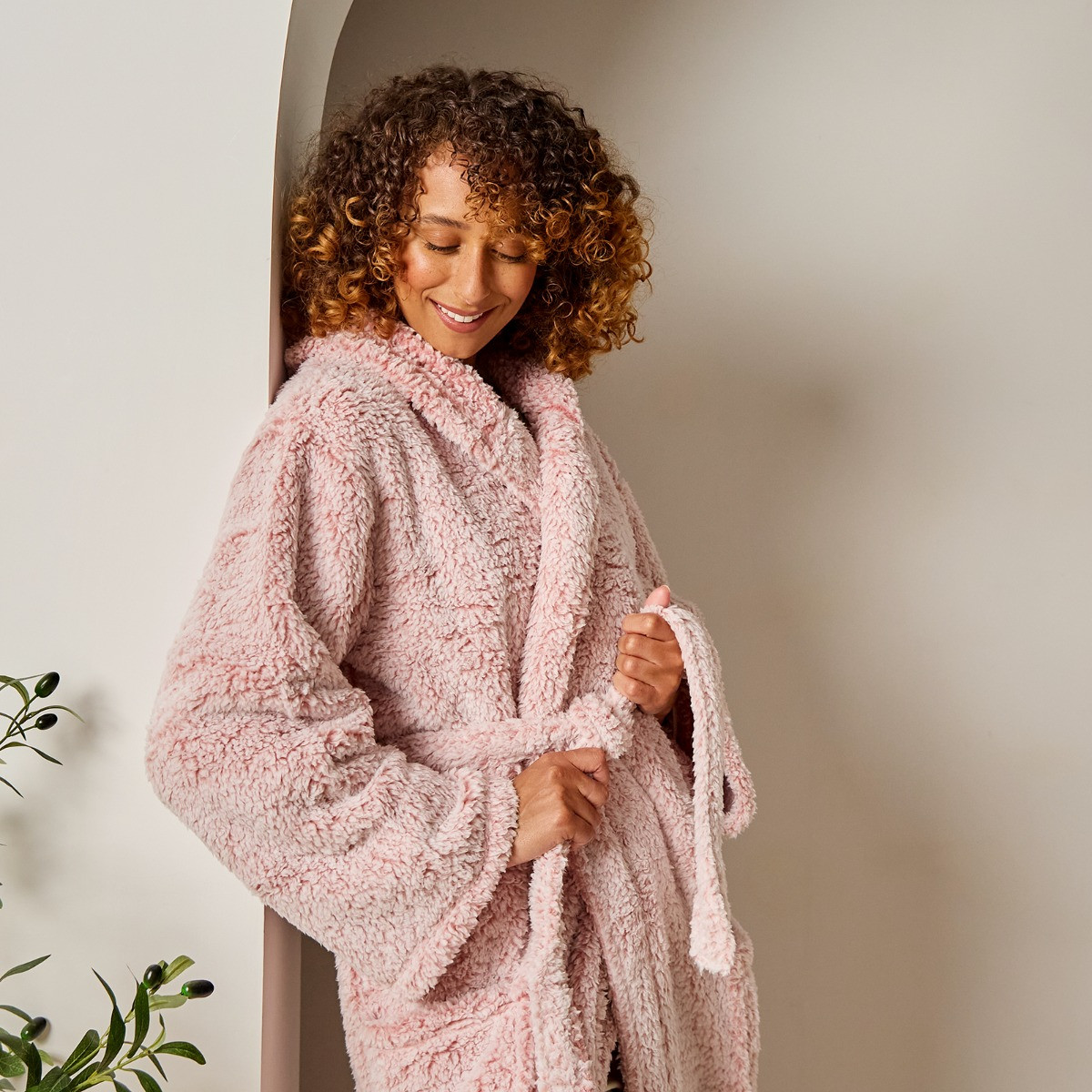 OHS Teddy Marl Dressing Gown Floor Length, Adults - Blush>
