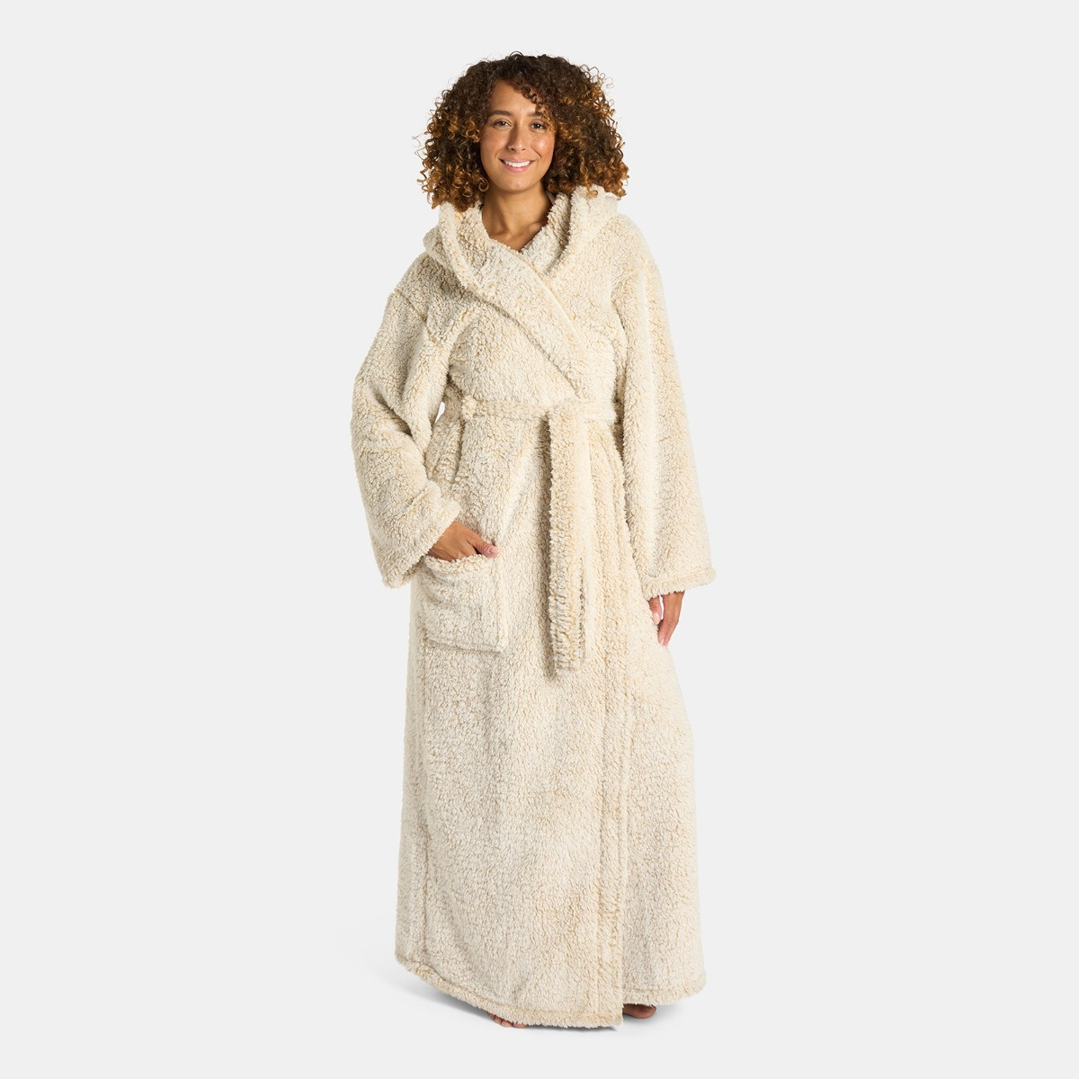 OHS Teddy Marl Dressing Gown Floor Length, Adults - Beige>