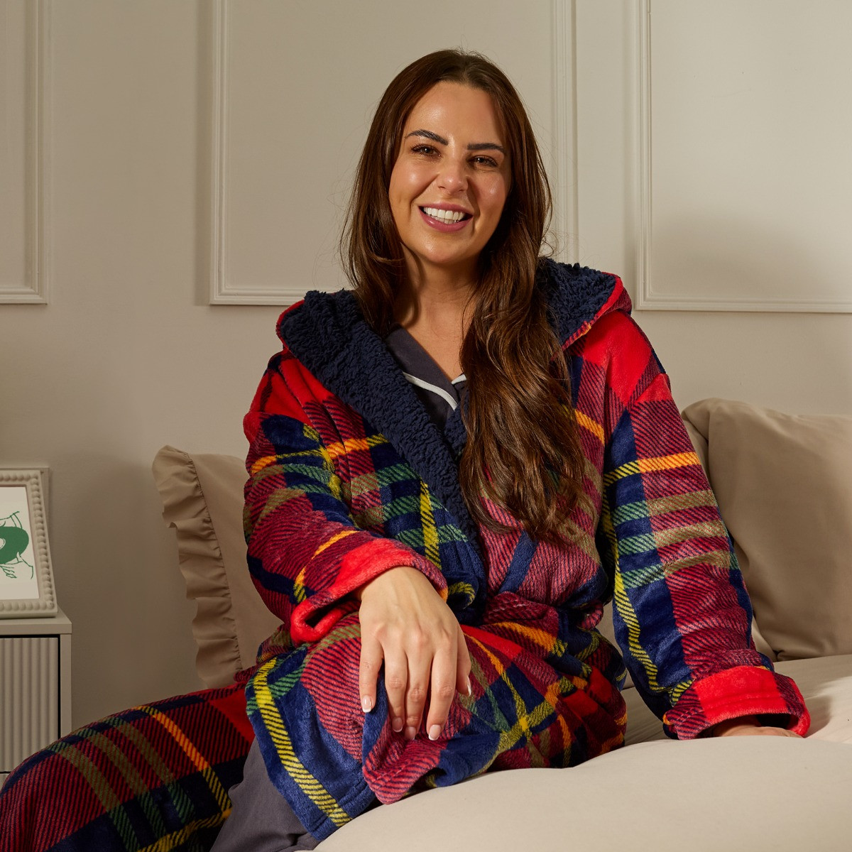 OHS Flannel Fleece Oxford Check Dressing Gown, Adults – Navy/Red>
