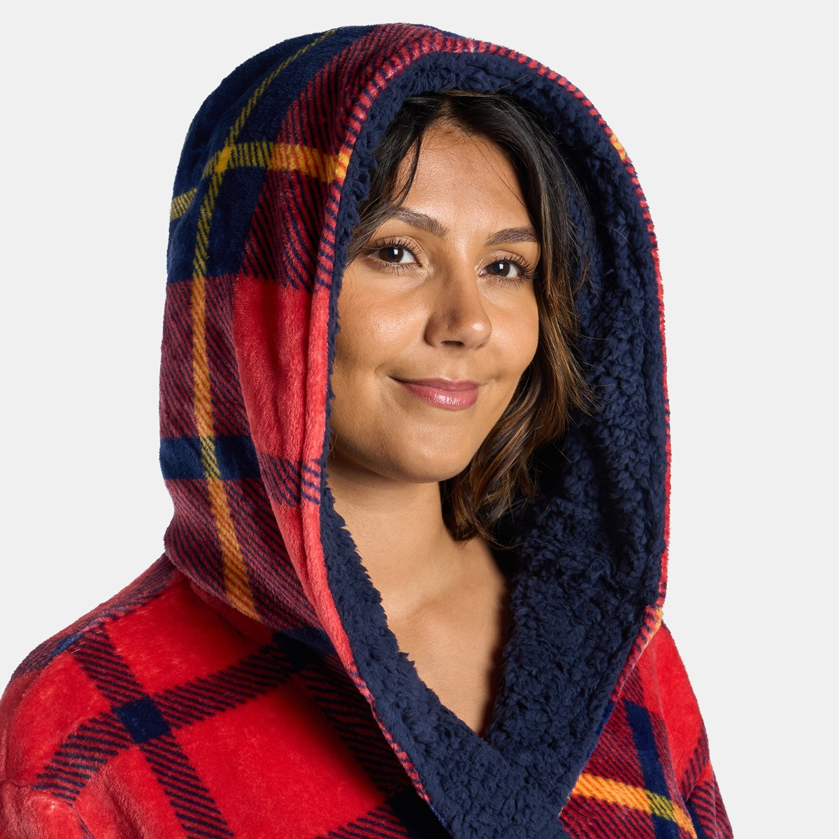 OHS Flannel Fleece Oxford Check Dressing Gown, Adults – Navy/Red>