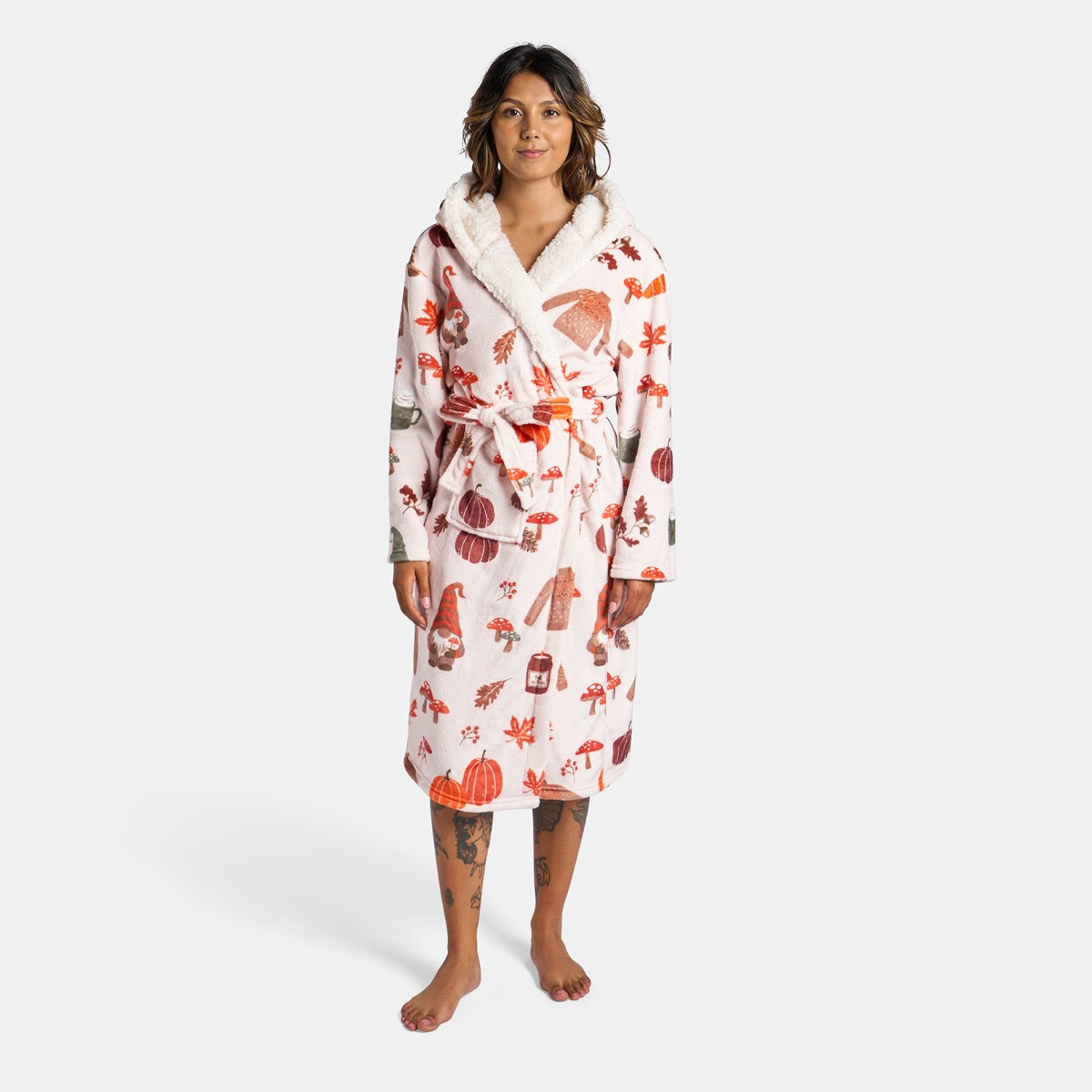 OHS Flannel Fleece Autumn Print Dressing Gown, Adult - Beige>