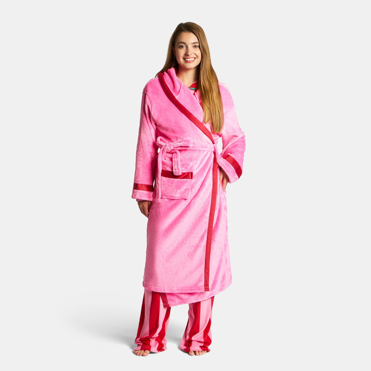 OHS Flannel Fleece Piped Edge Dressing Gown, Adults - Pink/Red>