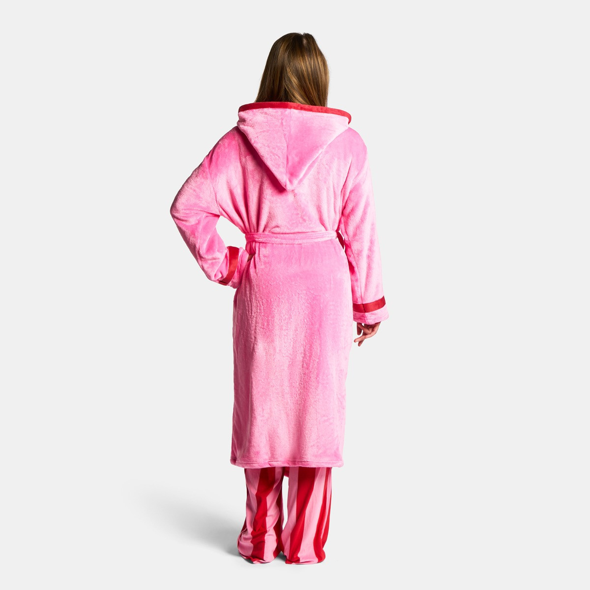 OHS Flannel Fleece Piped Edge Dressing Gown, Adults - Pink/Red>