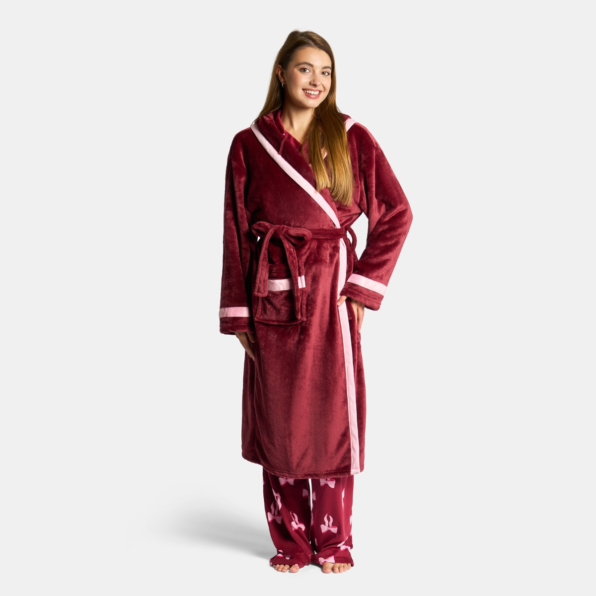 OHS Flannel Fleece Piped Edge Dressing Gown, Adults - Burgundy/Pink>