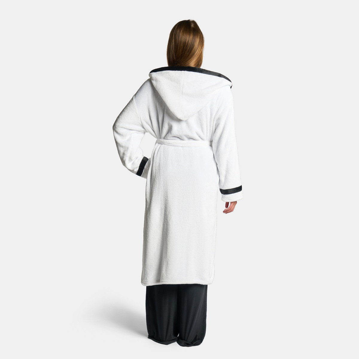 OHS Flannel Fleece Piped Edge Dressing Gown, Adults - White/Black>