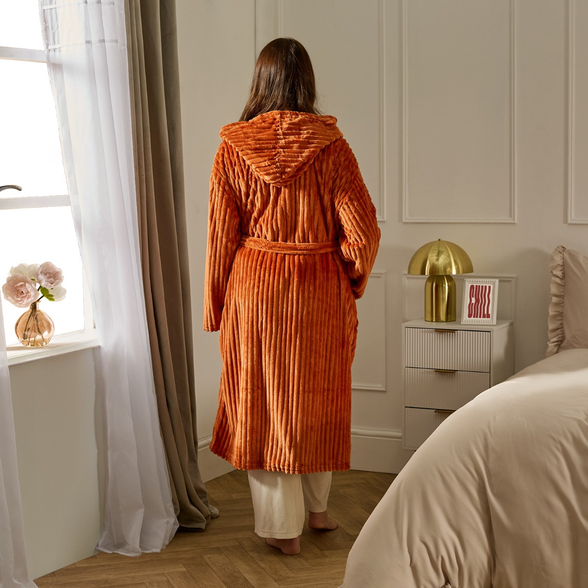 OHS Ribbed Fleece Dressing Gown - Rust>