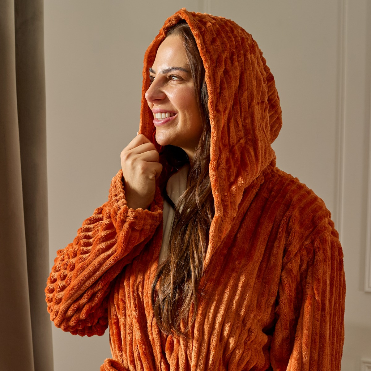 OHS Ribbed Fleece Dressing Gown - Rust>